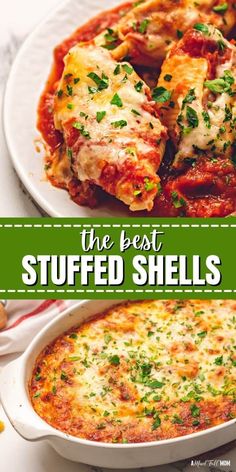 the best stuffed shells recipe is shown in this collage with text overlays