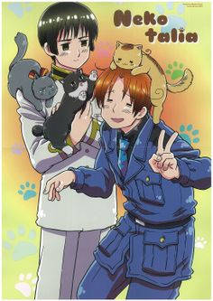 two anime characters with cats on their shoulders