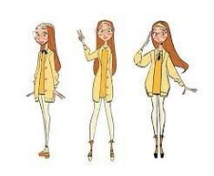 four different poses of a woman with long hair wearing yellow clothing and holding scissors in her hand