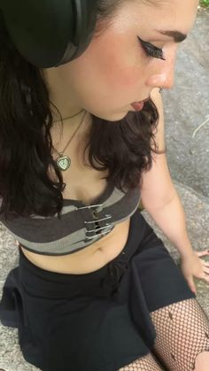 Outfit inspired by Y2K Grunge / Cyber Grunge aesthetic! Got some cute trendy headphones on & a heart locket necklace. A distressed grey striped tank & a cute Y2K Guess black mini skirt. Also have on some ripped distressed fishnet tights & a pair of Doc Martens platform sandals. Check out my depop @Sk8ergirl69 for clothes like this & don’t forget to follow my Pinterest❣️ Doc Martens Platform, Trendy Headphones, Cybergoth Style, Grunge Fashion Soft, Outfit Inspired, 90's Grunge, Heart Locket Necklace