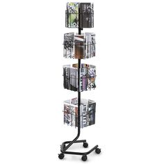 a four tiered rack with pictures on it's sides and wheels, in front of a white background