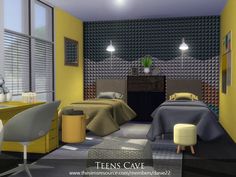 two beds in a room with yellow walls and grey carpeting, one bed is made up