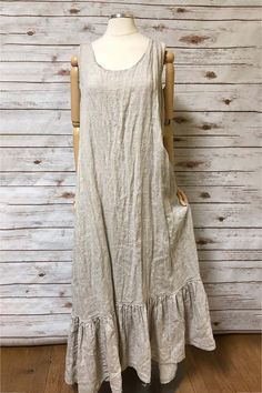 Beautiful long slip dress featuring a ruffle hem and tank sleeves. Made with delicate hankie linen. Slightly transparent and great for layering. Very bohemian and vintage style. Made in the USA. Garment Measurements Generous sizing. Fabric has no stretch. S M L XL Bust 38” 40” 42” 44” Hip 42” 44” 46” 48” Length 50” 50” 50” 50” Long Slip Dress, Fairy Skirt, Lagenlook Style, Long Slip, Linen Fashion, Linen Sheets, Romantic Dress, Jumper Dress, Gray Dress