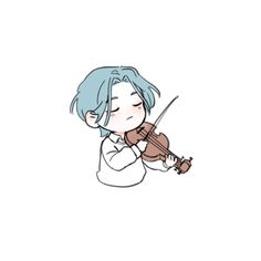 a girl with blue hair is playing the violin and has her eyes closed, while she's wearing a white t - shirt