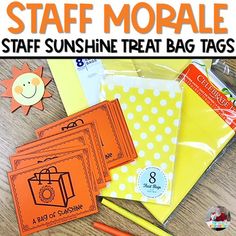 the sun shine treat bag tags are shown with markers, pencils and paper bags