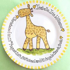 a plate with a giraffe painted on it