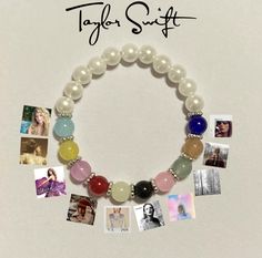 a bracelet with many different colored beads and pictures on the front, along with text that reads taylor swift