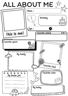 all about me worksheet for kids with pictures and words on the front page