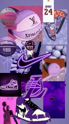 a collage of various sports related items including shoes, basketballs, and sneakers