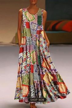 Plus Size Allover Print Maxi Dress, Boho Sleeveless Loose Dress For Spring & Summer Bohemian Multicolor A-line Sundress, Bohemian Multicolor A-line Sleeveless Dress, Multicolor Sleeveless Patchwork Maxi Dress, Patchwork Sleeveless Sundress For The Beach, White Sleeveless Dress With Colorful Pattern, Multicolor Printed Sleeveless Sundress, Sleeveless Patchwork Sundress, Sleeveless Patchwork Maxi Dress For Summer, Multicolor Bohemian Printed Sleeveless Dress