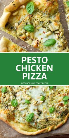 pesto chicken pizza with spinach and pine nuts