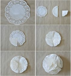 several pictures of white doily and paper plates