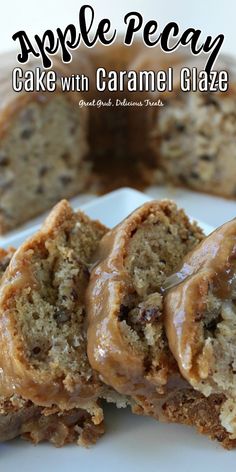 an apple pecan cake with caramel glaze is cut in half on a white plate