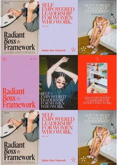 four different types of posters with the same woman on one side and text that reads self - centered work