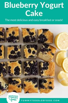 blueberry yogurt cake on a white plate with lemons and slices cut into squares