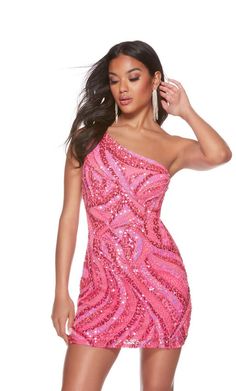 A fashion statement cocktail dress created by Alyce Paris, 4641. A one-shoulder neckline with zipper back on the form fitting bodice. The dress displays a fun and unique pattern made in sequins! A side slit completes this look. Perfect for HoCo night and much more. Sequin Homecoming Dress, Beaded Party Dress, V Neck Cocktail Dress, Dress Display, Alyce Paris, Short Party Dress, Asymmetrical Neckline, Wedding Receptions, Sequin Beading