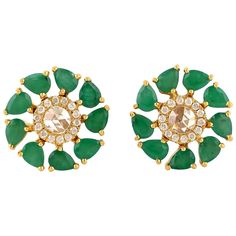 Cast from 18-karat gold. These beautiful stud earrings are hand set with 2.61 carats emerald & .38 carats diamonds. FOLLOW MEGHNA JEWELS storefront to view the latest collection & exclusive pieces. Meghna Jewels is proudly rated as a Top Seller on 1stDibs with 5 star customer reviews. All items manufactured by us are handmade and can be customized or redesigned. Composition Size-14X14 MM Total Weight-6.49 Gold Weight(Gms)-5.892 Diamond Wt(Cts)-0.38 Emerald Wt(Cts)-2.61 Emerald Earrings Studs, Earrings Inspiration, Diamond Flower, Yellow Gold Earring, Best Diamond, Fine Earrings, Emerald Diamond, Gold Earrings Studs, Gold Studs