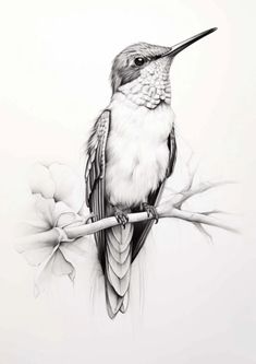 a drawing of a hummingbird sitting on a branch