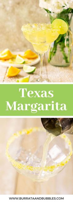 a margarita being poured into a glass with the words texas margarita on it and an image of