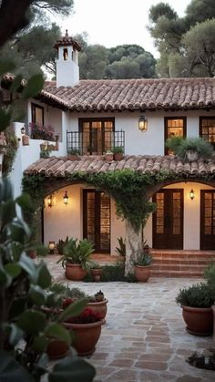 a house with potted plants in front of it