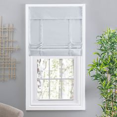 a window with a white roman blind in front of it and a potted plant next to it