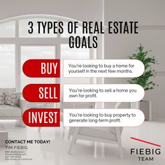 the three types of real estate goals are shown in red and white, with text that reads 3 types of real estate goals you're looking to buy a home for