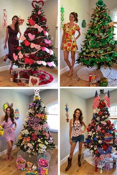 four pictures of different types of christmas trees in various stages of being decorated and put together