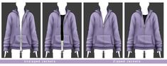 four different zipped hoodies with zippers on the front and back, all in purple