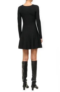 Achieve a flirty night-out look in this long-sleeve minidress constructed with a stretchy pintucked waist and flared skirt. Slips on over head Square neck Long sleeves 59% viscose, 40% nylon, 1% elastane Dry clean Imported Flattering Fit And Flare Knee-length Mini Dress, Flattering Knee-length Fit And Flare Mini Dress, Chic A-line Mini Dress By Staud, Elegant Fitted Mini Dress With Flared Hem, Elegant Mini Dress With Fitted Flared Hem, Knee-length Fit And Flare Mini Dress For Night Out, Winter A-line Mini Dress For Date Night, Stretch Long Sleeve Cocktail Dress For Fall, Evening Long Sleeve Mini Dress With Flattering Silhouette