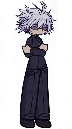 an anime character with white hair and black pants, standing in front of a white background