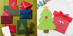 christmas cards and envelopes are laid out on a table