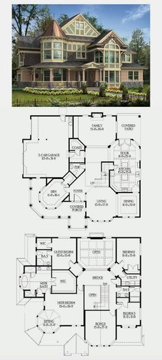 two story house plans with large windows and an open floor plan for the second story