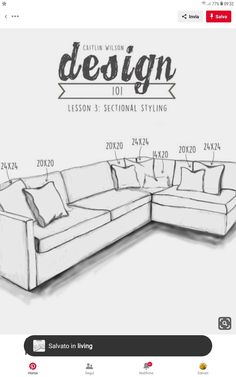 a drawing of a sectional couch with pillows on the top and bottom, as well as measurements