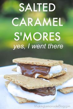 salted caramel s'mores on a plate with text overlay reading salted caramel s'mores yes, i went there