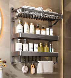 a bathroom shelf filled with lots of personal care items