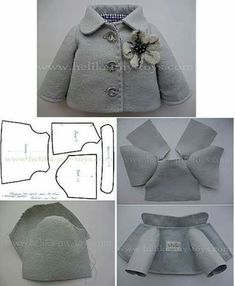 four pictures of different styles of clothing and accessories for dolls, all in grey with flowers on the collar