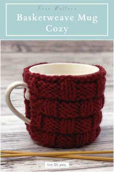 Basketweave Knitted Mug Cozy Mug Cozy Pattern Knitting, Loom Knit Mug Cozy, French Press Cozy Knit Pattern, Mug Cozy Knit Pattern, Mug Warmer Knitting Pattern, Coffee Sleeve Knitting Pattern, Mug Cozy Knitting Pattern, Knit Cup Cozy Free Pattern, Knitted Mug Cozy