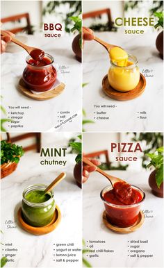 four different types of sauces in small bowls