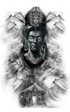 an artistic tattoo design with the image of buddha and clouds in black and white colors