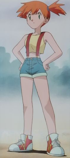 an anime character standing on the beach with her hands on her hips