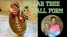 a woman is holding a football themed planter with the words dollar tree football form on it