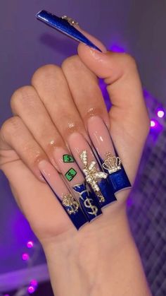 2004 Nails Design, Money Set Acrylic Nails, Blue Money Nails, God Nails Design, Police Nails Designs, India Love Nails, Money Set Nails, Blue Bling Nails Rhinestones, Nails With A Letter On Them