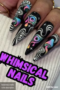 Trippy Whimsical Style Nails with Psychedelic Musrooms Tattoo Style Nail Art, Nail Designs Trippy, Trippie Nails, Lost Lands Nails, Black Light Nails, Rave Nails Designs, Trippy Mushroom Nails, Nails Trippy, Lgbt Nails