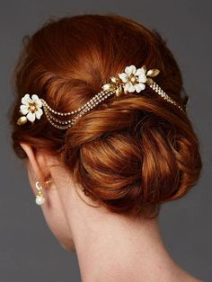 "Exquisite & Unique! Set off your wedding style with a touch of soft floral elegance! Three hand-enameled bridal hair combs (2\" h x 1 3/4\" w each) are draped with 3 rows of Genuine Preciosa crystal swags 14 3/4\" across. This bridal headpiece is a soft floral, but makes a huge statement! Inquire for availability - subject to availability - non returnable - Shipping/handling time could be 10 days to 2 weeks for delivery, depending verification of availability. Expedited shipping is available bu Bridal Hair Headpiece, Floral Comb, Bridal Comb, Bridal Updo, Trending Hairstyles, Head Piece, Hair Reference, Wedding Headpiece, Hair Dos