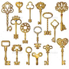 a bunch of different types of keys on a white background - miscellaneous objects / objects clippings