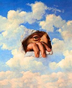 an eye peeks out from behind a torn piece of paper with clouds in the background