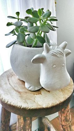 a small planter with a cow head on it