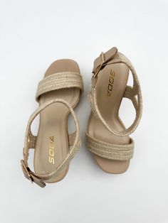 Tan platform sandal Braided straw like material Woven detail Adjustable ankle strap 4" slant platform Fit: True to size Tan Platform Sandals, First They Came, Knitting Materials, Shoe Box, Platform Sandals, Ankle Strap, Apparel Accessories, Straw, Sandals