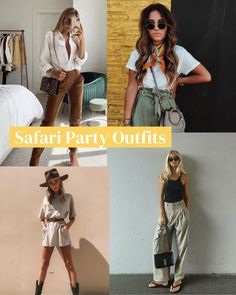 four pictures of women wearing safari party outfits