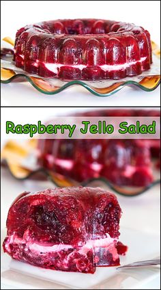 raspberry jello salad on a white plate